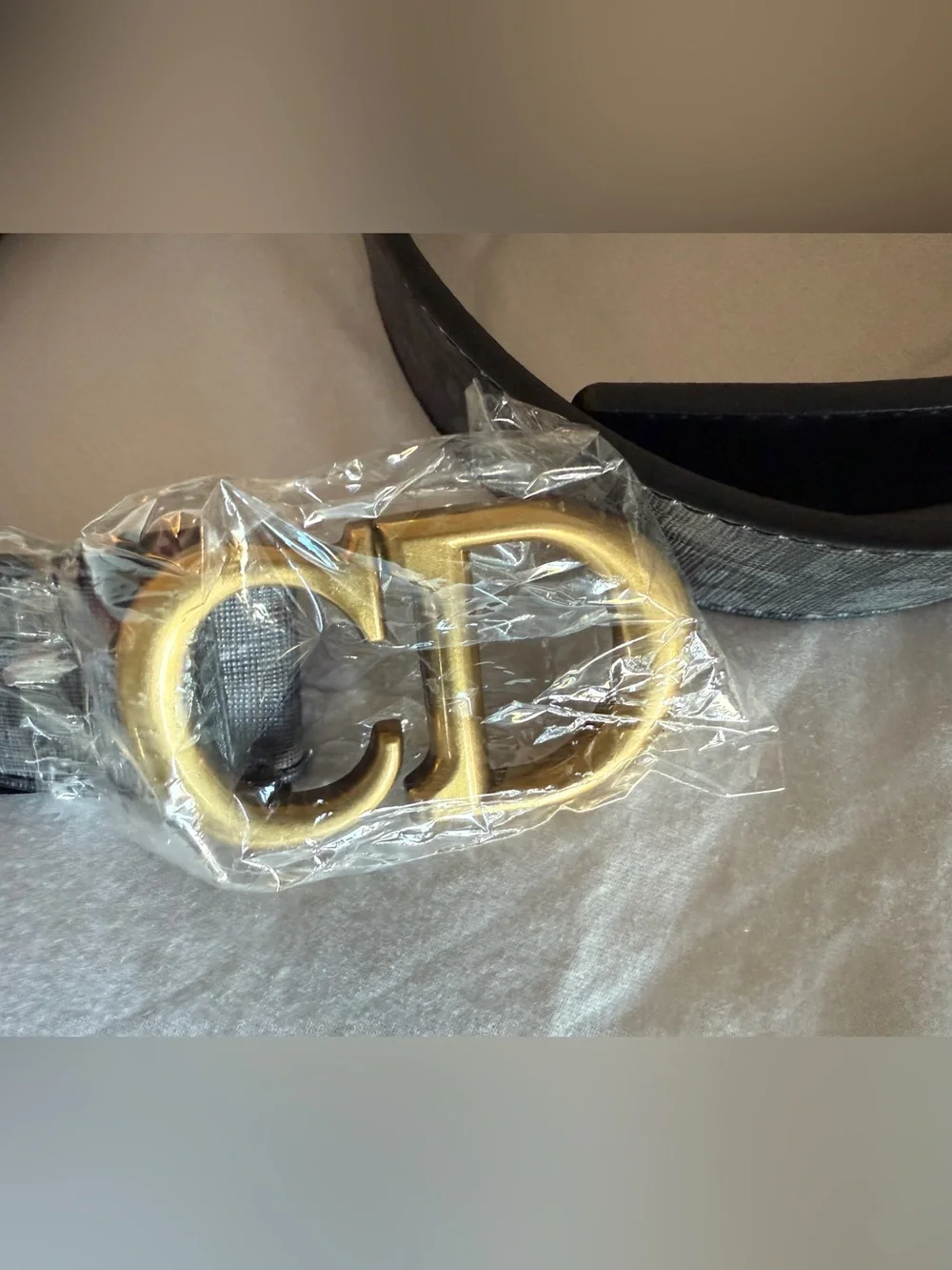 CD-Style Black Leather Belt with Gold Buckle Logo 42” Across 107 cm New